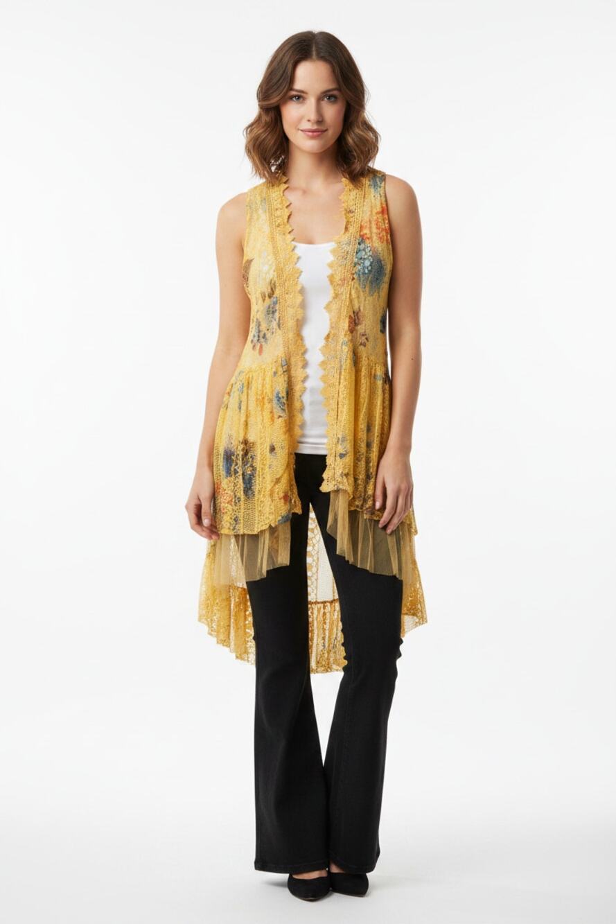 Origami Hi-Lo Lace Yellow Multicolor Vest Small